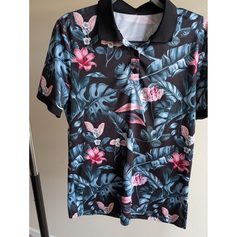 Mens Tropical Floral Polo Shirt Black Pink Monstera Leaf Short Sleeve Sport Top